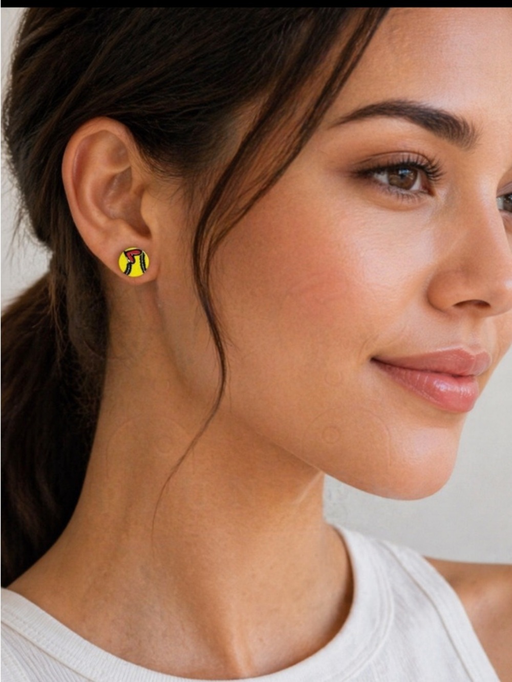 Plunder Yellow Tennis Ball Stud Earrings with Red Accent